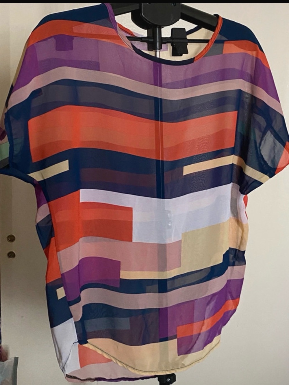 SHEIN Multicolor Striped Sheer Boxy Blouse - Orange, Navy, Purple, Cream